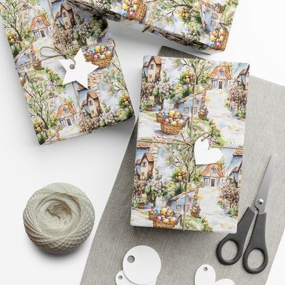Wrapping Paper - Easter Bunny Village Watercolor Toile Gift Wrap