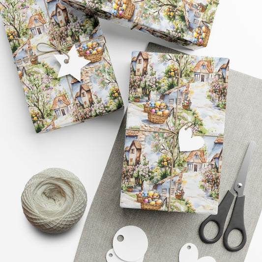Wrapping Paper - Easter Bunny Village Watercolor Toile Gift Wrap