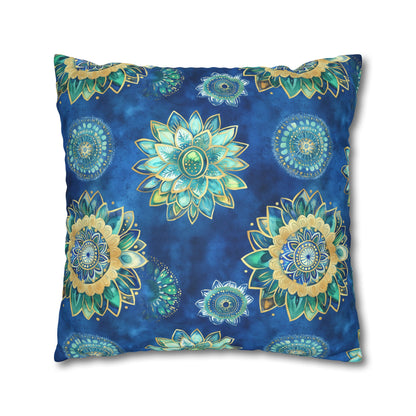 Square Pillow Cover - Coastal Blue And Gold Mandalas