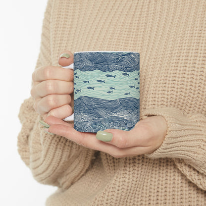 Ceramic Mug - Coastal Ocean Waves With School Of Fish