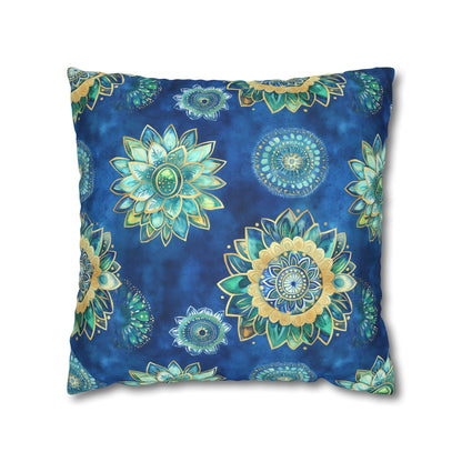 Square Pillow Cover - Coastal Blue And Gold Mandalas