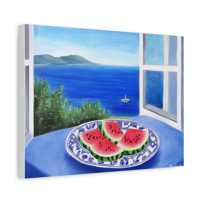Canvas Art - Sea View Watermelon On Blue Plate Still Life