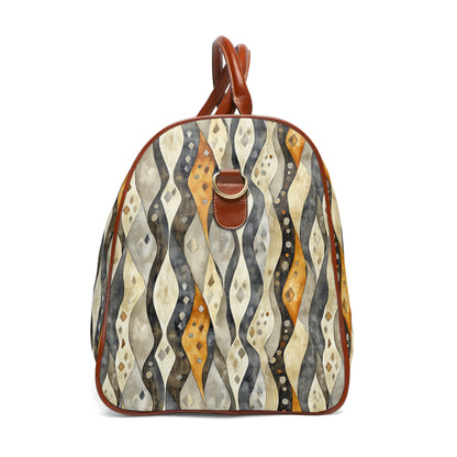 Waterproof Travel Bag - Boho Curvy Striped Black, Copper And Off White Overnighter