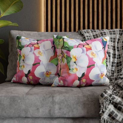 Square Pillow Cover - White Orchids On Pink Background