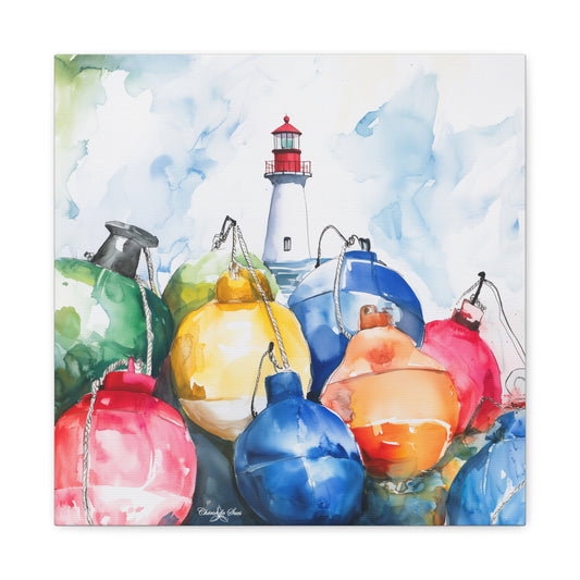 Canvas Art - Coastal Lighthouse And Colorful Buoys Wall Decor