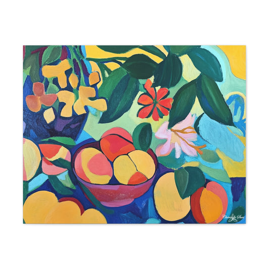 Canvas Art - Colorful Flowers And Peaches In Bowl Still Life Wall Decor