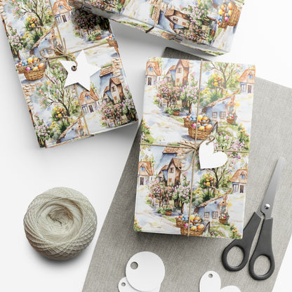 Wrapping Paper - Easter Bunny Village Watercolor Toile Gift Wrap