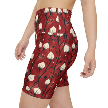 Athletic Shorts - White Puff Flowers On Red Wine Background