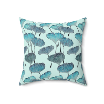 Square Pillow - Coastal Aqua Gingko Leaves Faux Suede