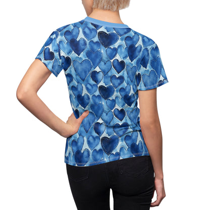 Women's Tee - Watercolor Blue Jean Hearts with Silver Stitching Outlines