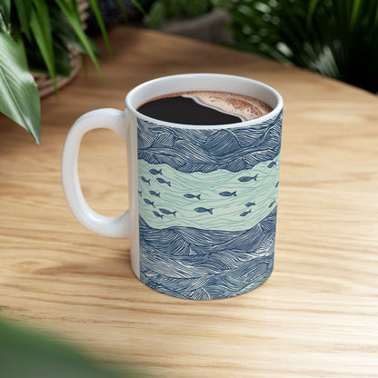 Ceramic Mug - Coastal Ocean Waves With School Of Fish