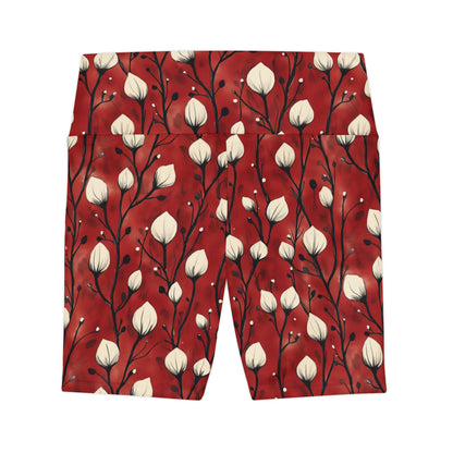 Athletic Shorts - White Puff Flowers On Red Wine Background