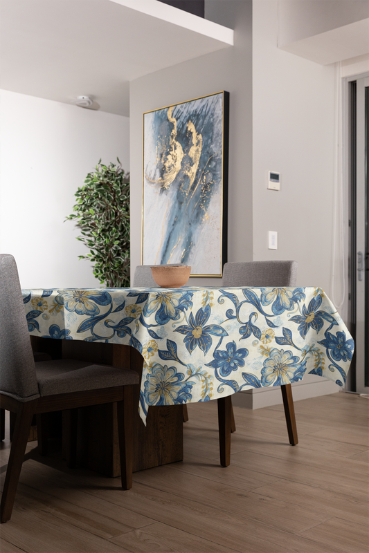 Tablecloth - Elegant Floral Blue & Beige Botanical Design