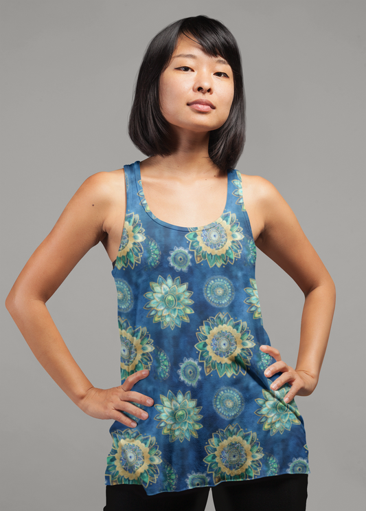 Women's Racerback Tank - Floral Mandalas In Blue, Green And Gold