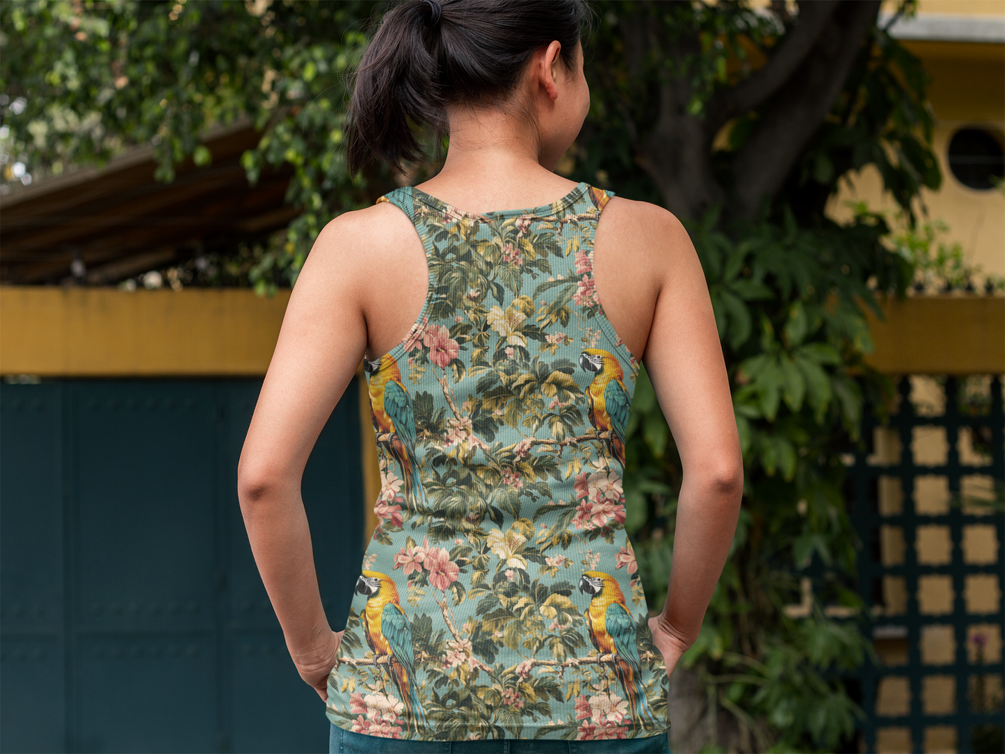 Women's Racerback Tank - Tropical Rainforest Parrot Watercolor