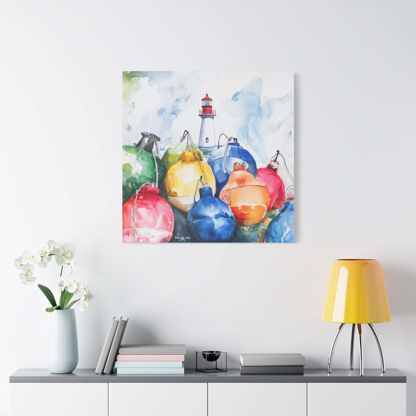 Canvas Art - Coastal Lighthouse And Colorful Buoys Wall Decor