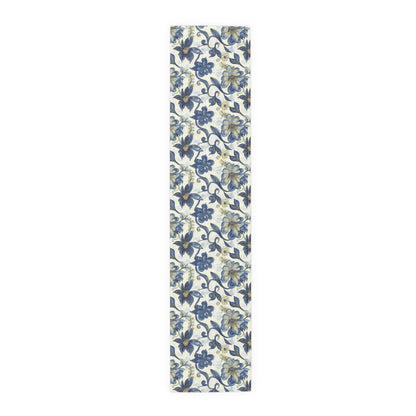 Table Runner - Ornamental Flowers In Blue, Gold And Ivory