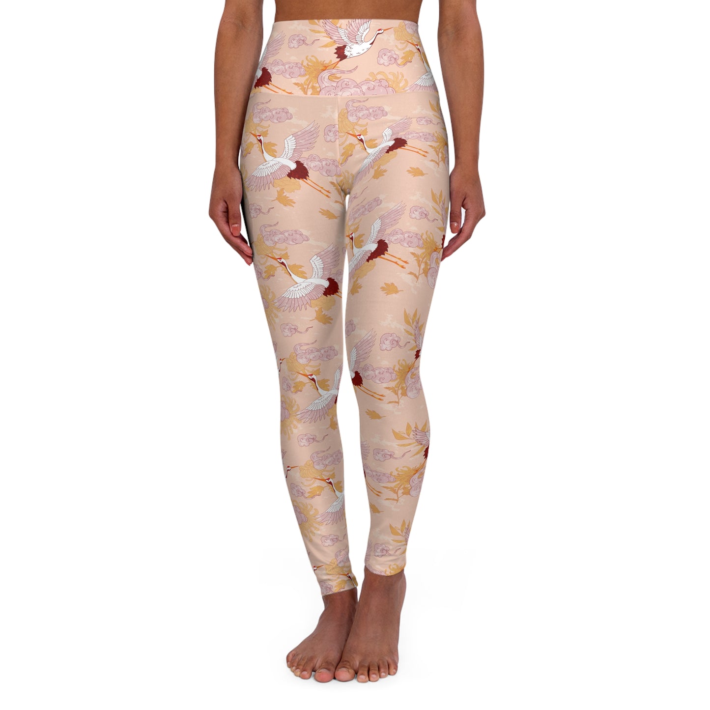 Yoga Leggings - Japanese Crane And Clouds Design