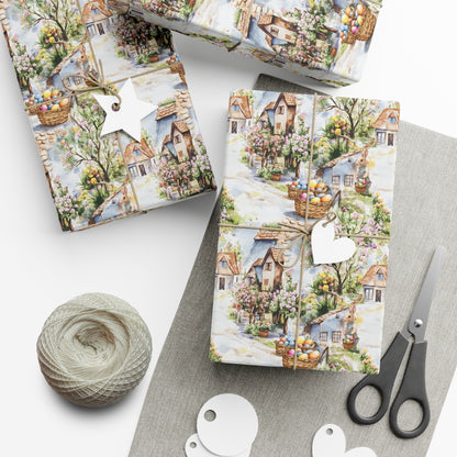 Wrapping Paper - Easter Bunny Village Watercolor Toile Gift Wrap