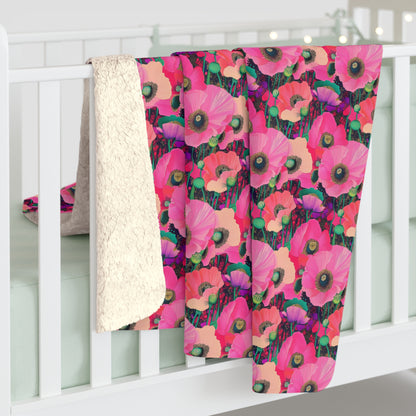 Sherpa Fleece Blanket - Fuchsia Pink Poppies