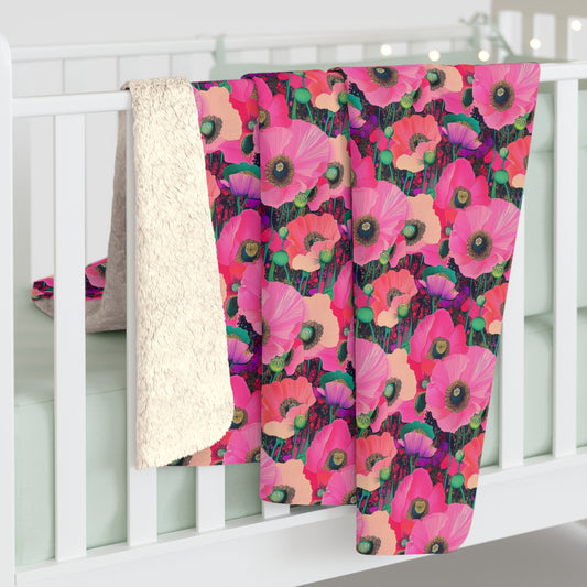 Sherpa Fleece Blanket - Fuchsia Pink Poppies