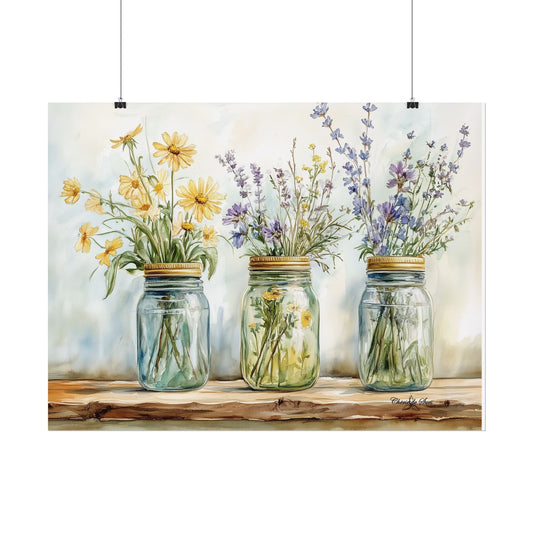 Art Poster - Botanical Watercolor Wildflowers, Lavender and Daisies