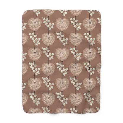 Sherpa Fleece Blanket - Mocha And Cream Rose Heart Floral Art Decor