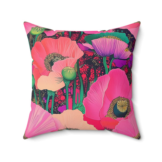 Square Pillow - Fuchsia Pink Poppies Floral Faux Suede