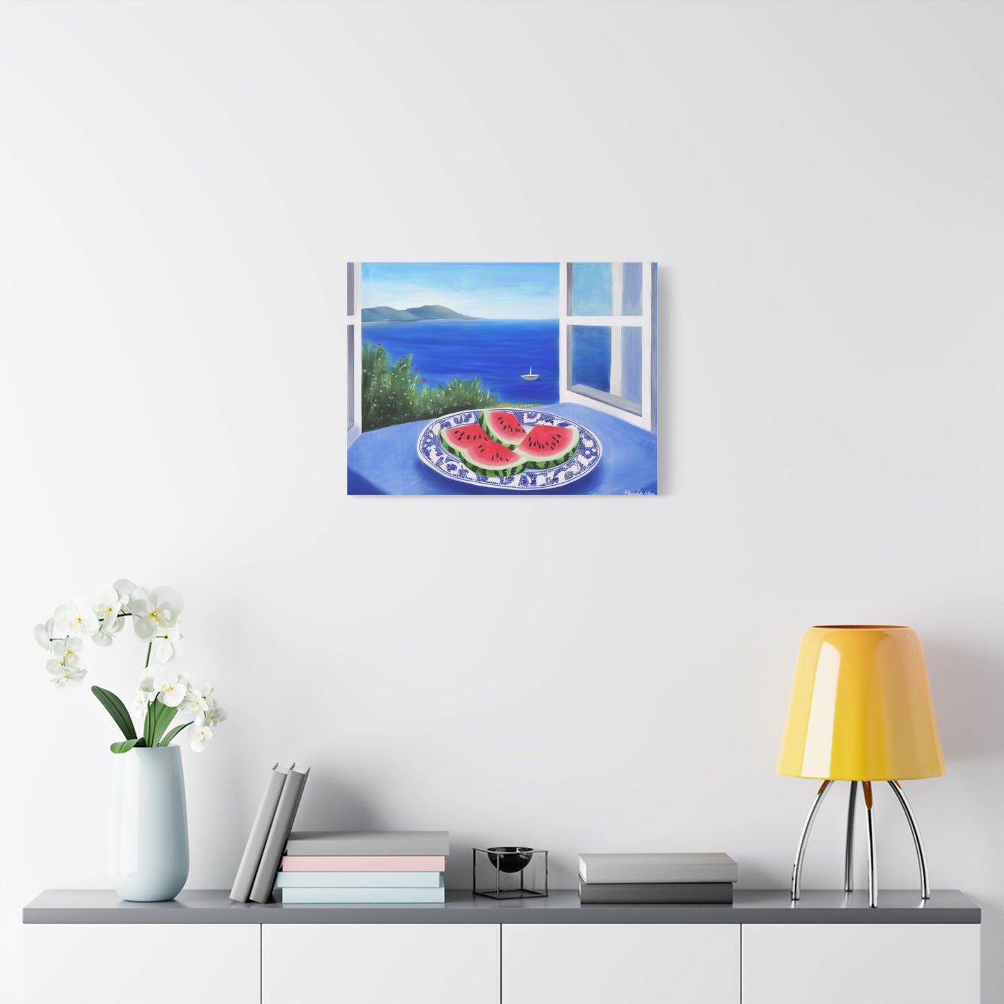 Canvas Art - Sea View Watermelon On Blue Plate Still Life