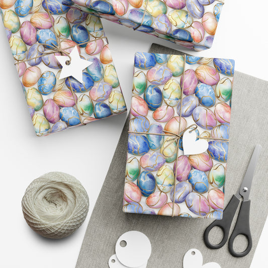 Wrapping Paper - Gold Outlines On Watercolor Easter Eggs In Pastels
