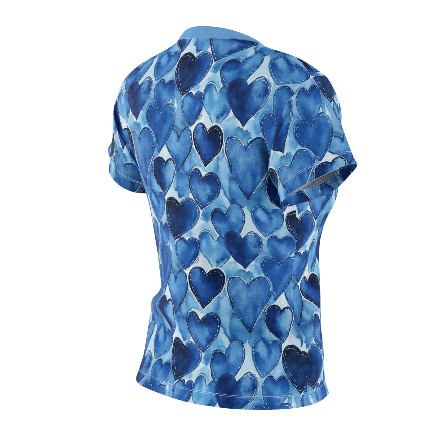 Women's Tee - Watercolor Blue Jean Hearts with Silver Stitching Outlines