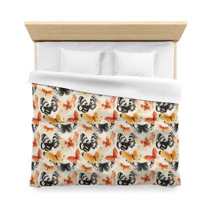 Duvet Cover - Japanese Butterflies Watercolor In Black, Orange And Yellow