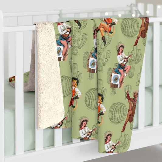 Sherpa Fleece Blanket - Country Western Cactus and Pin Up Cowgirls
