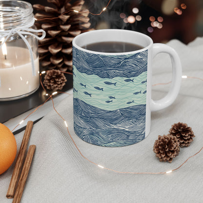 Ceramic Mug - Coastal Ocean Waves With School Of Fish