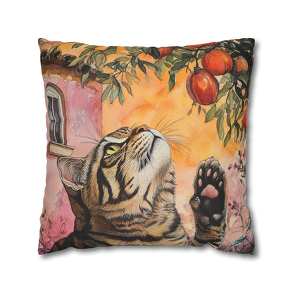 Square Pillow Cover – Pink House Tiger Cat And Persimmon Fruit