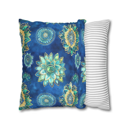 Square Pillow Cover - Coastal Blue And Gold Mandalas