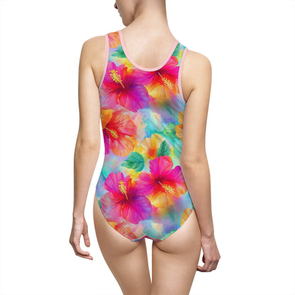 Women's Swimsuit - Hawaiian Hibiscus Floral Aqua, Chartreuse, Fuchsia Resort Beach Look