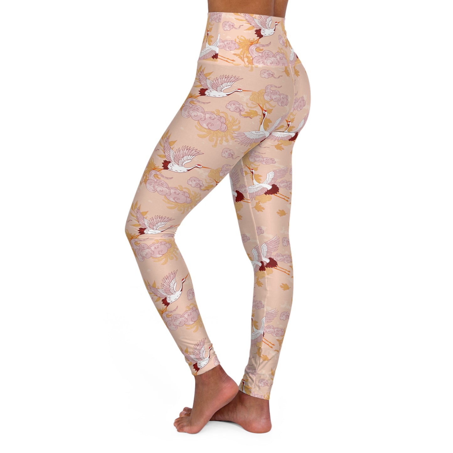 Yoga Leggings - Japanese Crane And Clouds Design