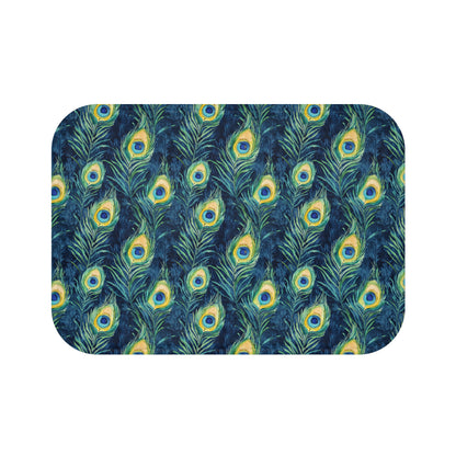 Bath Mat - Elegant Peacock Feathers In Navy, Aqua And Gold