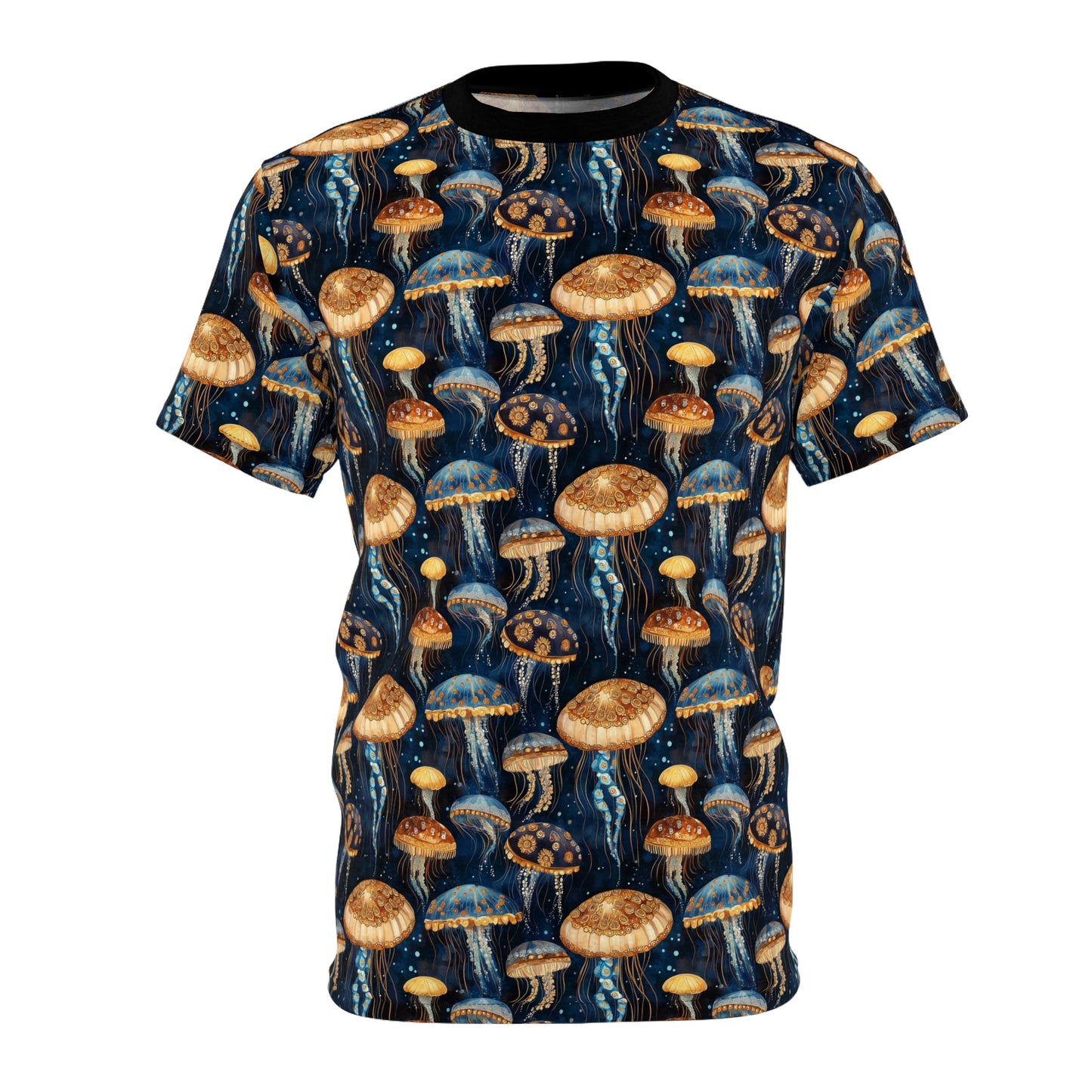 Men's Tee - Colorful Watercolor Jellyfish On Navy Blue And Black Background