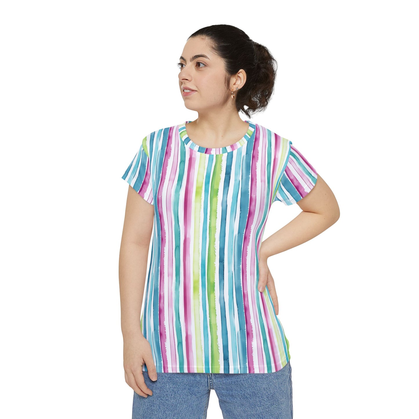 Women's Tee - Watercolor Beach Stripes in Blue, Pink, and Green Short Sleeve Tshirt