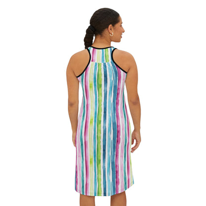 Women's Racerback Dress - Striped Aqua, Fuchsia, Chartreuse and White