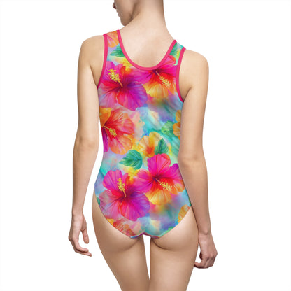 Women's Swimsuit - Hawaiian Hibiscus Floral Aqua, Chartreuse, Fuchsia Resort Beach Look