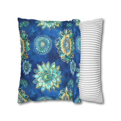 Square Pillow Cover - Coastal Blue And Gold Mandalas