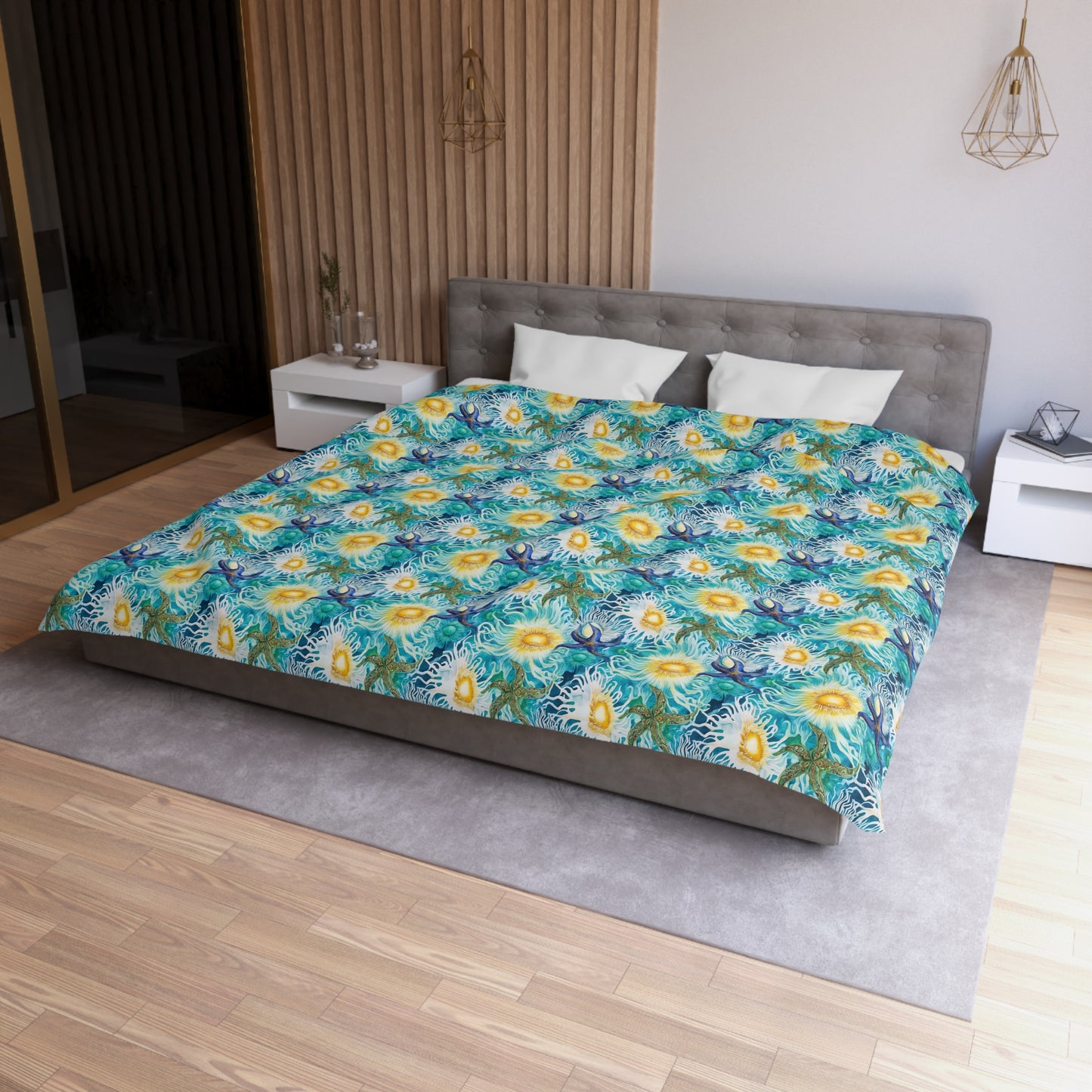 Duvet Cover - Coastal Watercolor Sea Anemones And Starfish