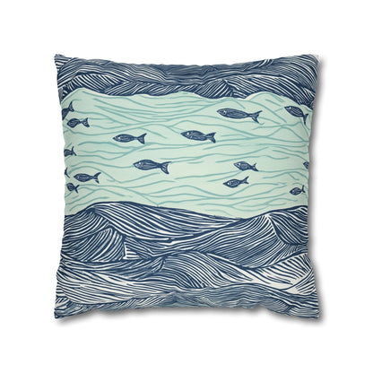Square Pillow Cover - Coastal Nautical Waves And Fish