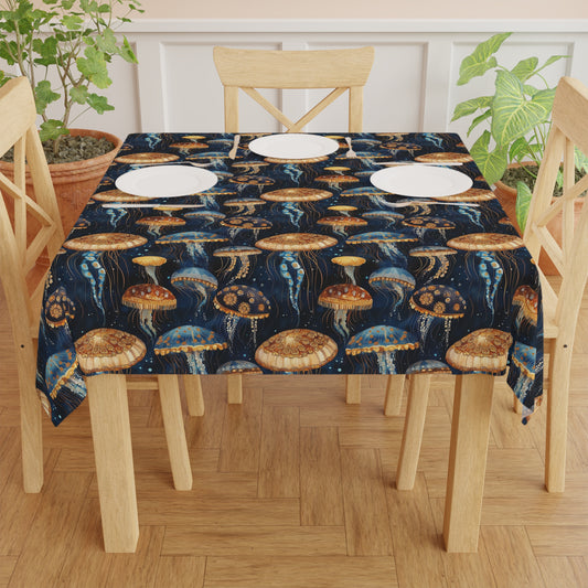 Square Tablecloth - Coastal Undersea Jellyfish On Navy Background