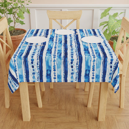 Square Tablecloth - Coastal Blue Shibori Batik Stripes