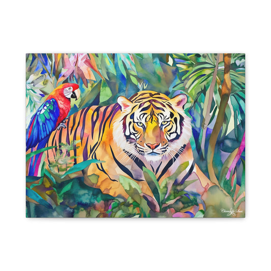 Canvas Art - Tropical Jungle Majestic Tiger & Parrot Wall Decor