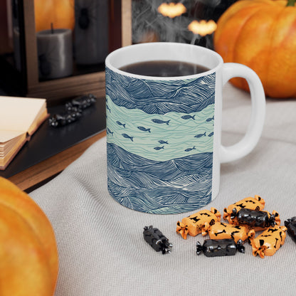 Ceramic Mug - Coastal Ocean Waves With School Of Fish